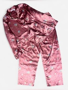 Satin Floral Paisley Pajama Set - Rose Pink